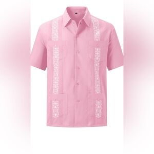 Pink Guayabera Short Sleeve. White Embroidered Detail. 4Front Pockets. Size L